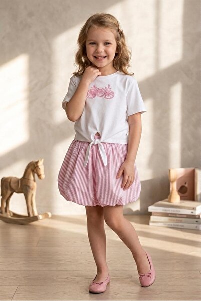 Pinkitokids Girl's Front Tie T-Shirt and Balloon Skirt Set-Pink
