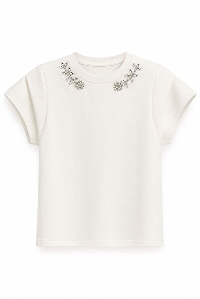 elif teke Taş Yakalı Modal Vatkalı T-shirt Ekru