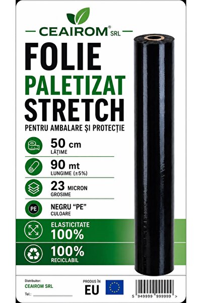 BOSFOR Folie Paletizat Stretch Negru 50 cm x 90 m, 23 Microni, PE, 100% Elast...