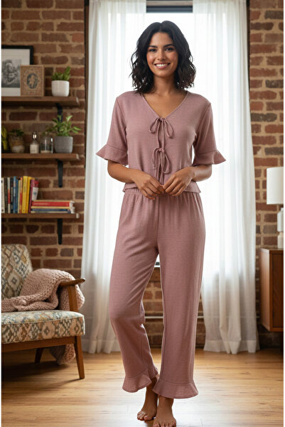 Chordi Women's Bamboo Linen Pajama Set with Tie Front Detail, Flared Sleeves ...
