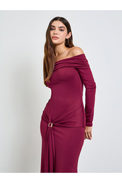 Take Two By Styli Burgundy Off Shoulder Evening Maxi Dress