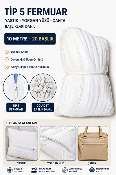 RuzgarHome Beyaz Fermuar 10 Metre 20 Başlık Yastık Nevresim Çanta