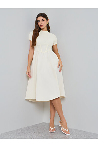 Take Two By Styli Cream Corset Waist A-Line Midi Dress