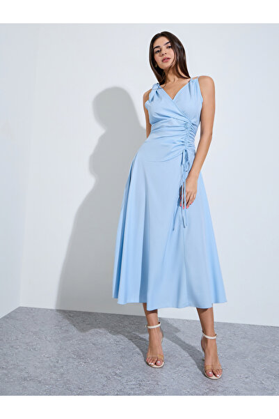 Styli Blue Sleeveless Ruched A-Line Midi Dress