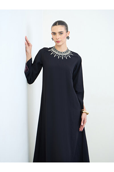 Amirah By Styli Navy Blue Sequined Embroidery Yoke Jalabiya