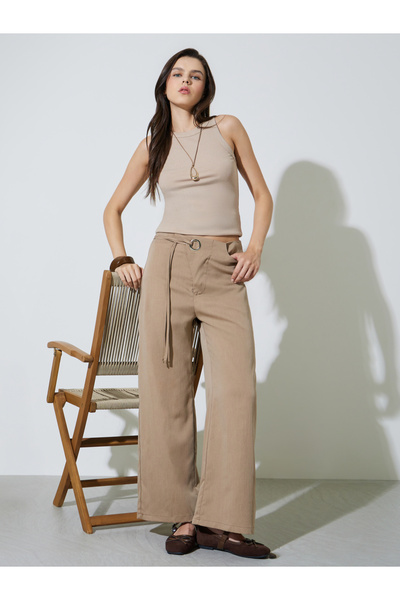 Take Two By Styli Tan Wide Leg Pants with Cord Detail