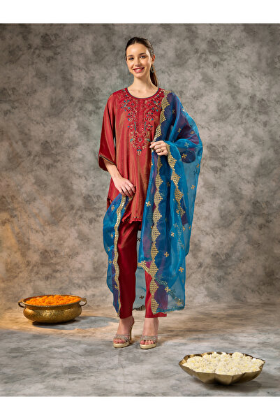 Silver Lime By Styli Red Round Neck Embroidered Kurta, Straight Pants and Dup...