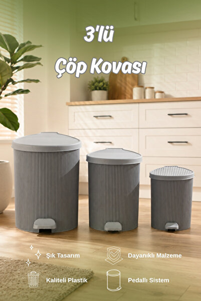 Porsima 0709 Stil 3lü Yuvarlak Pedallı İçi Kovalı Çöp Kovası Seti - Banyo Mut...