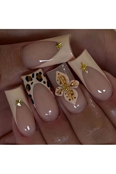 Arabest 24-Piece Leopard Print French Tip Press-on Nails,Medium Square,3D Flo...