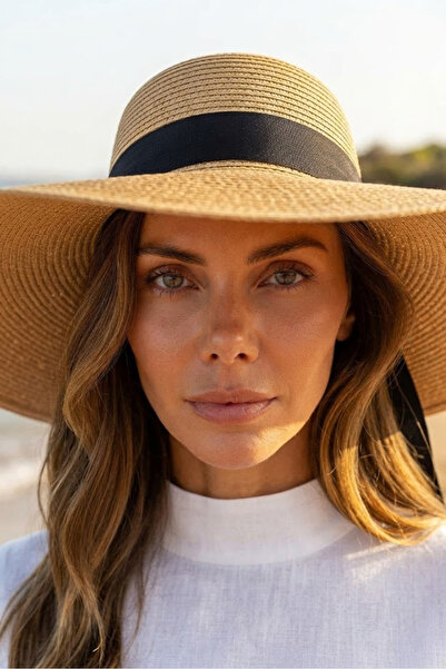 Marina Swimwear Cream Ribbon Detailed Extra Wide Straw Hat |   Hsr2614-1