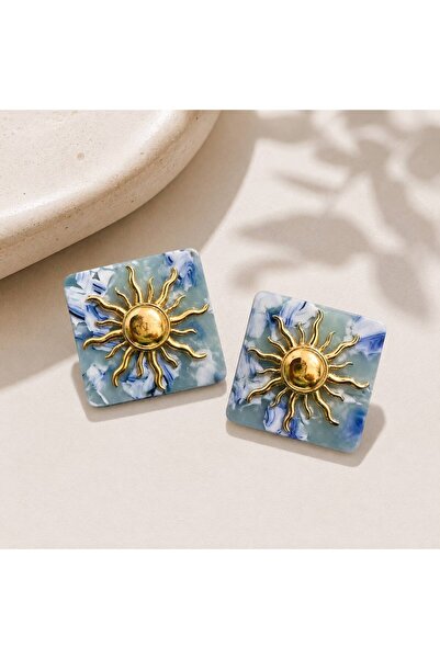 So Much Accesories Blue and White Marble Patterned Square Sun Figured Gold De...