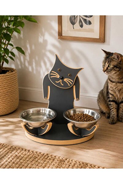 Asrimo mobilya Kedi Figürlü Ahşap Mama ve Su Kabı Standı – Dekoratif & Kapalı Kol Figürlü Antrasit