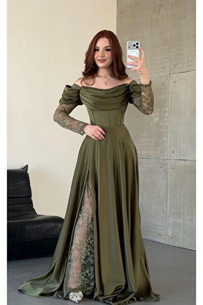 ayşenur Dinçer butik Royal Dantel Detaylı Haki Yeşili Abiye