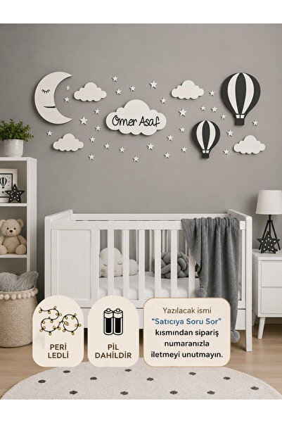 Windly Concept Kişiye Özel LED Işıklı Bulut İsimlik Ay Balon Bebek Odası Duva...