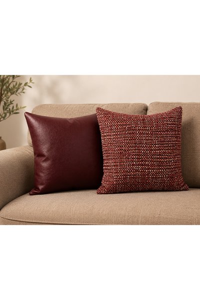 NURHAN HOME COLLECTION Bordeaux Duo Kırlent Kılıf Seti - Deri ve Düz Dokulu Dekoratif Kırlent Kılıf Takımı 2'li