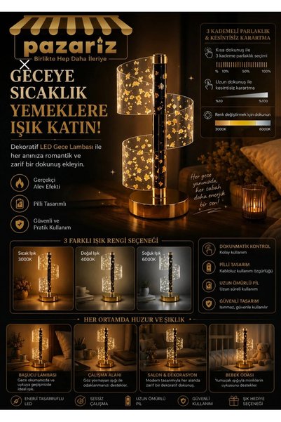 Genel Markalar LED Gece Lambası 3D Altın tabanlı dokunmatik kontrollü şarjlı ...