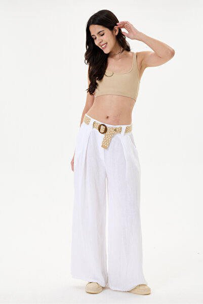della moor Women's White Italian 100% Linen Straw Belted Pleated Wide Leg Lin...