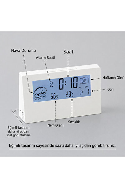 Micron Dijital Masa Saati – Alarm, Termometre, Nem Ölçer ve Takvim Özellikli LCD Masaüstü Saat