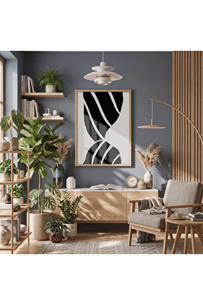 KOLAJTASARIM Pictură cu dungi monocrome, cu ramă din lemn natural, decor de p...