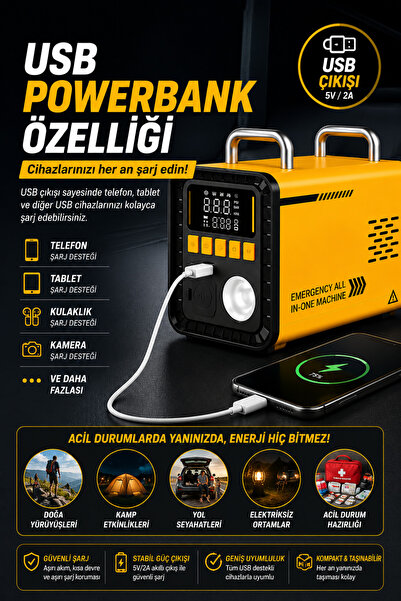 Merwish Akü Takviye 1600A 16.000mAh 150 PSI Hava Kompresörü Powerbank LED Fener Basınçlı Üfleme 4'ü 1 Arada
