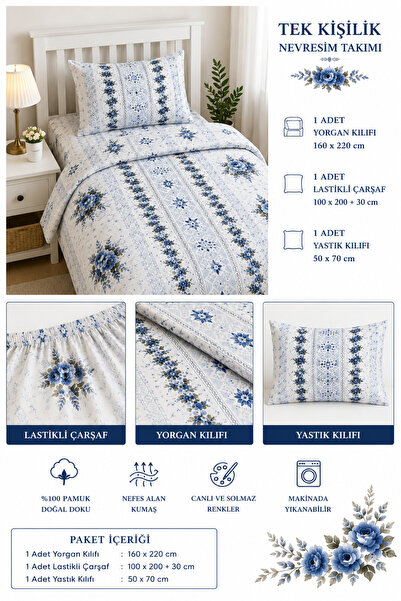 KIRLENT TEKSTİL Cross-Stitch Rose Single Duvet Cover Set with Cotton Ranforce...