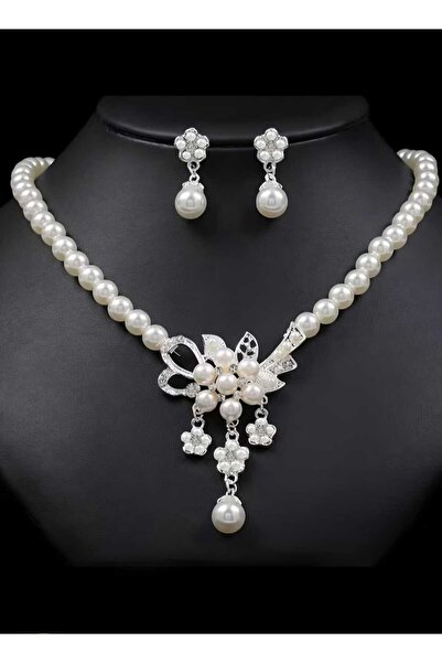 Ivory Pearl çiçek detaylı zirkon taşlı inci kolye ve küpe takımı gerdanlık ta...