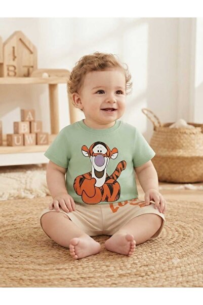 krm kerem bebe Kaplan Tigger Baskılı %100 Pamuk Penye Yazlık Erkek Bebek Takımı