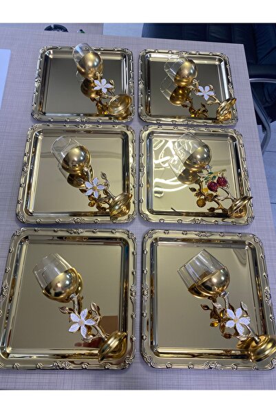 steelix 6'lı lüx gold kare çiçek desenli ikram ve sumun tepsisi