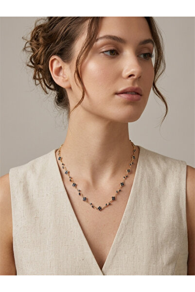 Pelin Aksesuar Navy Blue Flower Motif Gold Color Chain Necklace