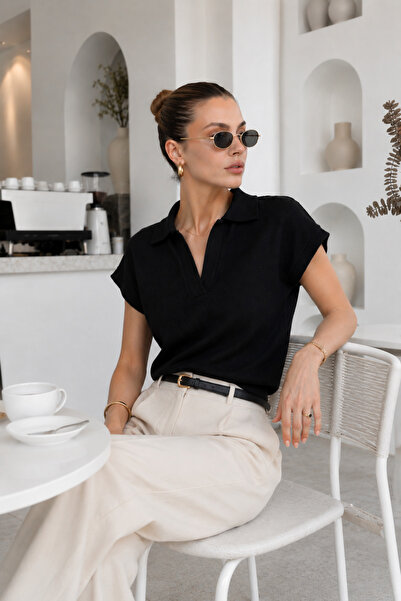 Rich Women's Black Polo Collar Bat Sleeve 100% Cotton Knitwear Blouse