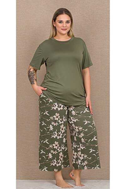 Generic Brand Battal Size Khaki Floral Patterned Pajama Set