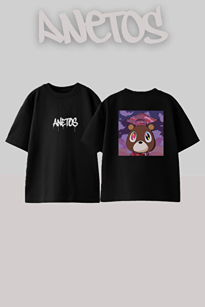 Anetos Dropout Bear_2 dizajn, štampana unisex majica prevelikog kroja, crna