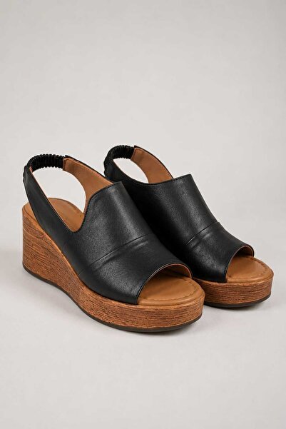 babiva Genuine Leather Wedge Heel Elastic Women's Black Sandals