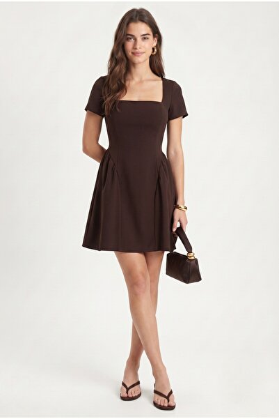 Ritnice Women's Maeva Square Neck Short Sleeve Mini Woven Bitter Brown Dress