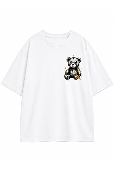 Not A Toy Ayıcık Baskılı Oversize Unisex Beyaz Tişört