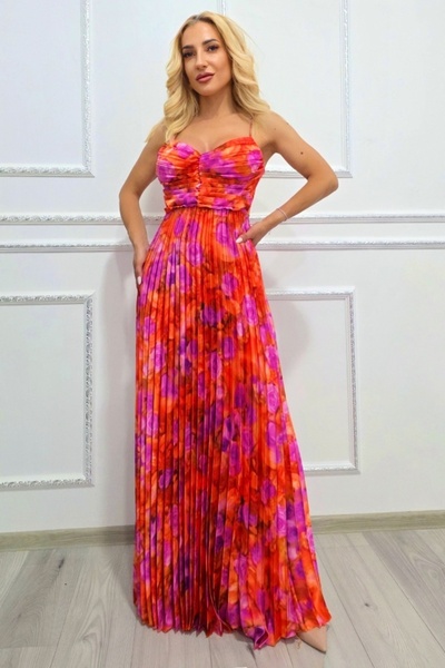 FashionForYou Μακρύ πλισέ φόρεμα NYSA, με ενισχυμένα cups και δέσιμο στην πλά...