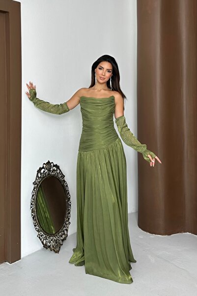 İyem Abiye Büzgülü Ve Kollu Straplez Valentino Organze Kumaş Şık Tasarım Abiy...