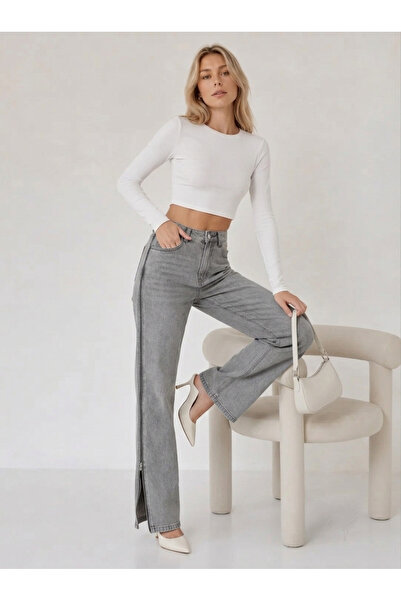 SHEVEGA Women's Smoked High Waist Side Zipper Detailed Wide Leg Palazzo Jean ...