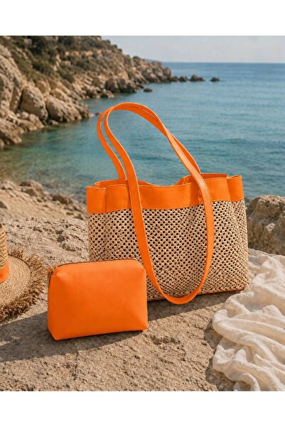 ValeriaBag Summer Time Plaj Çantası + Değerli Eşya Çantası Turuncu