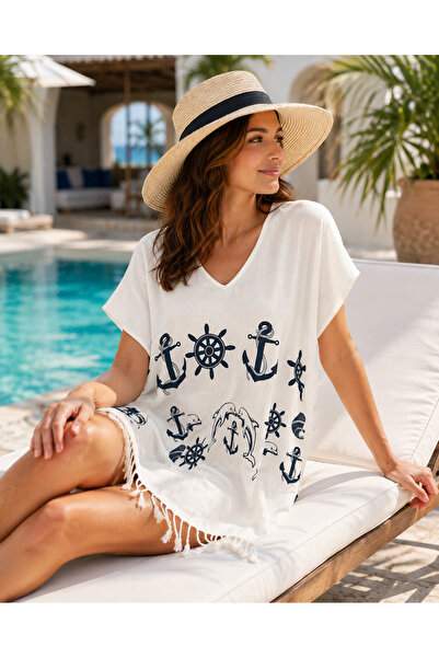 CESSTORE V Yaka Viskon Plaj Elbisesi, Mayo Bikini Üstü, Standart Beden Pareo