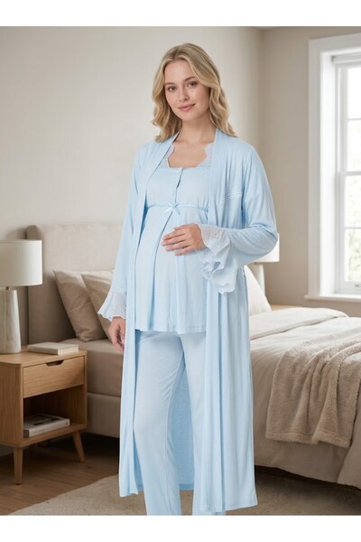 Pelin Women's Blue Linen Scallop Lace New Season 3-Piece Maternity Pajama Set...