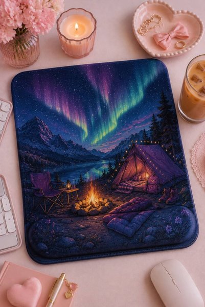 matizya Kuzey Işıkları Desenli Bilek Destekli Mousepad – Kamp ve Gece Manzara...