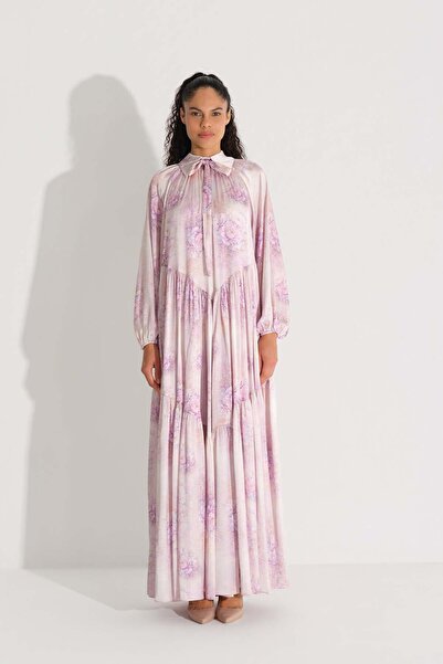 miha Hicran Önal Chiffon Satin Dress with Bow Collar Lila
