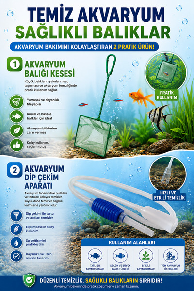 Akvaryum Balığı Kepçesi No:4 + Dip Çekim Aparatı Temizlik Seti