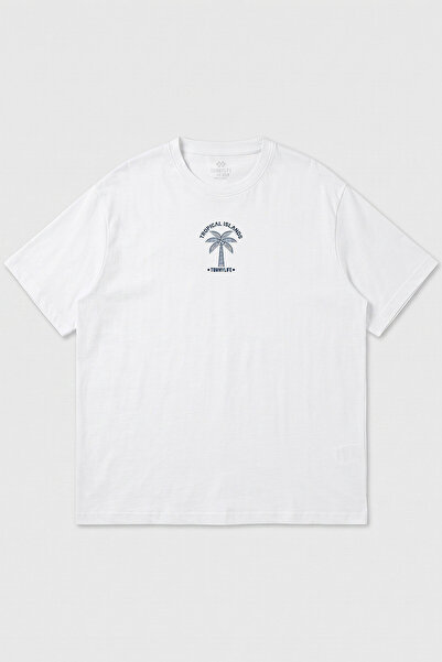 TOMMY LIFE White Comfortable Form Printed Oversized Large Size Short Sleeve M...