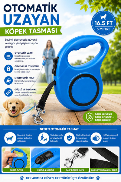 Petshop 5 Metre Otomatik Köpek Gezdirme Tasması Kilitli Uzayan Şerit Tasma ( ...