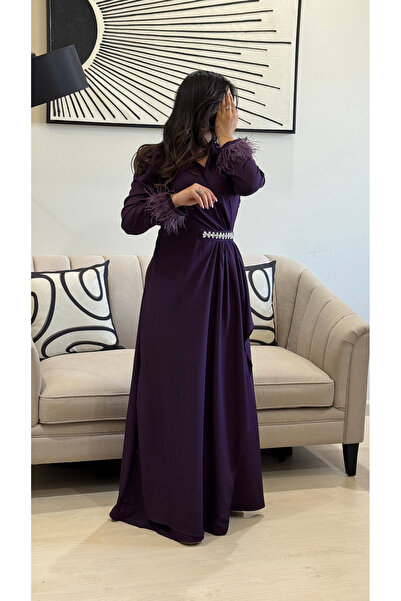 TREASUREISLAND "Darine" Long Crepe Dress with Feather Sleeves and Embroidered...