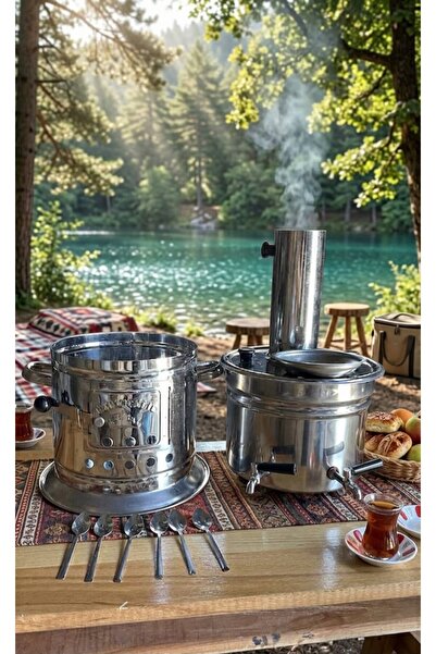 teberrik dükkan 5 Litre Paslanmaz Odunlu Kömürlü Çay Semaveri Çift Musluklu K...
