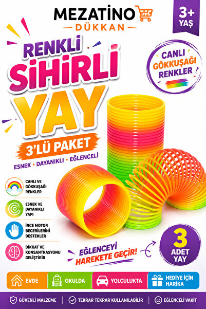 Dükkan Renkli Sihirli Yay 3’lü Paket | Rainbow Spring Oyuncak Yay | Esnek Eğlence Oyuncağı 3+ Yaş