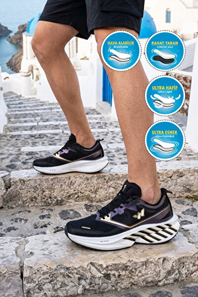 WALKWAY Black-Gold Lightweight Flexible Men's Running, Walking and Sports Sho...